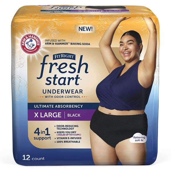 FitRight Fresh Start Protective Underwear for Women, Black, Small to 2